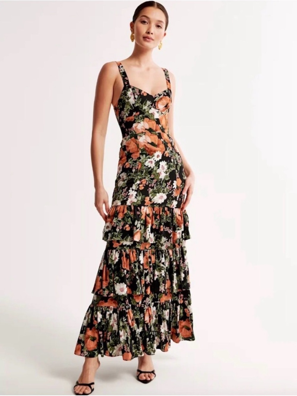 Abercrombie & Fitch Black with Orange Floral XSP Petite Maxi Dress
